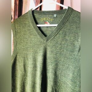 Orvis Men’s Large Wool Sweater Vest Green V-neck